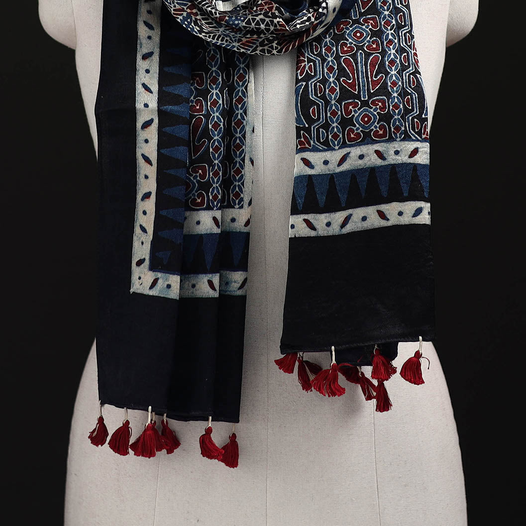 Ajrakh Hand Block Print Natural Dyed Mashru Silk Stole 23
