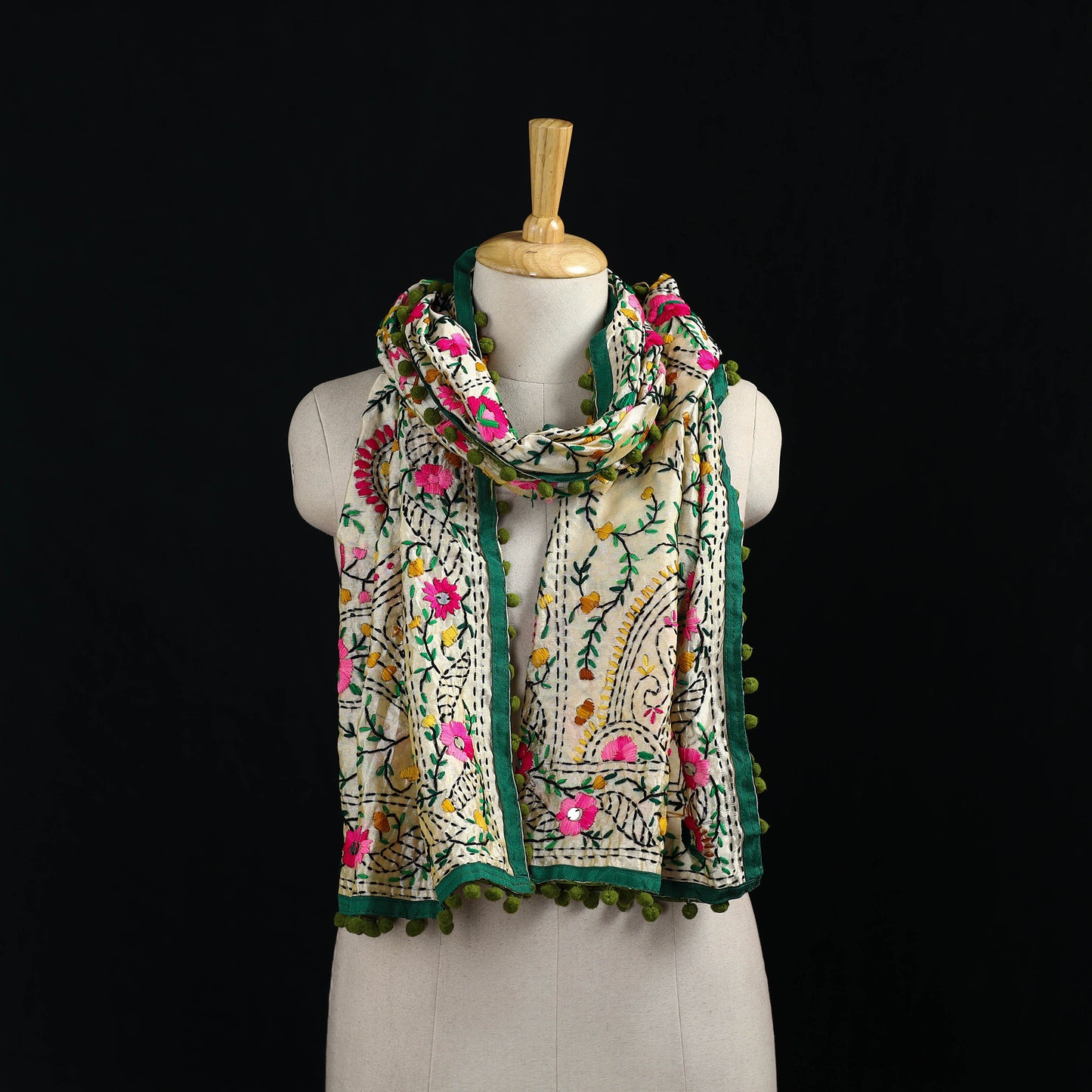 Ranihati Chanderi Silk Hand Embroidered Stole with Pom Pom 266