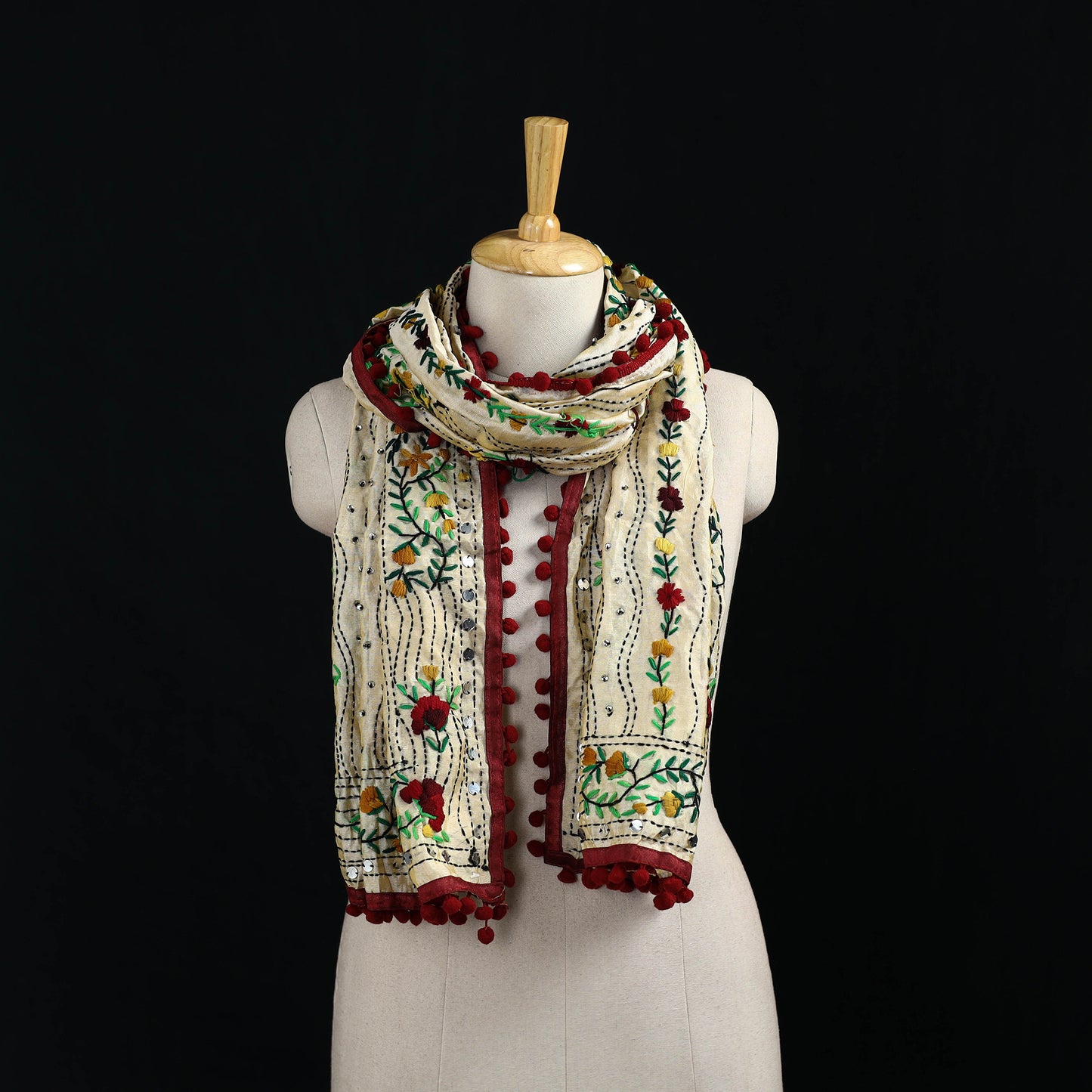 Ranihati Chanderi Silk Hand Embroidered Stole with Pom Pom 267