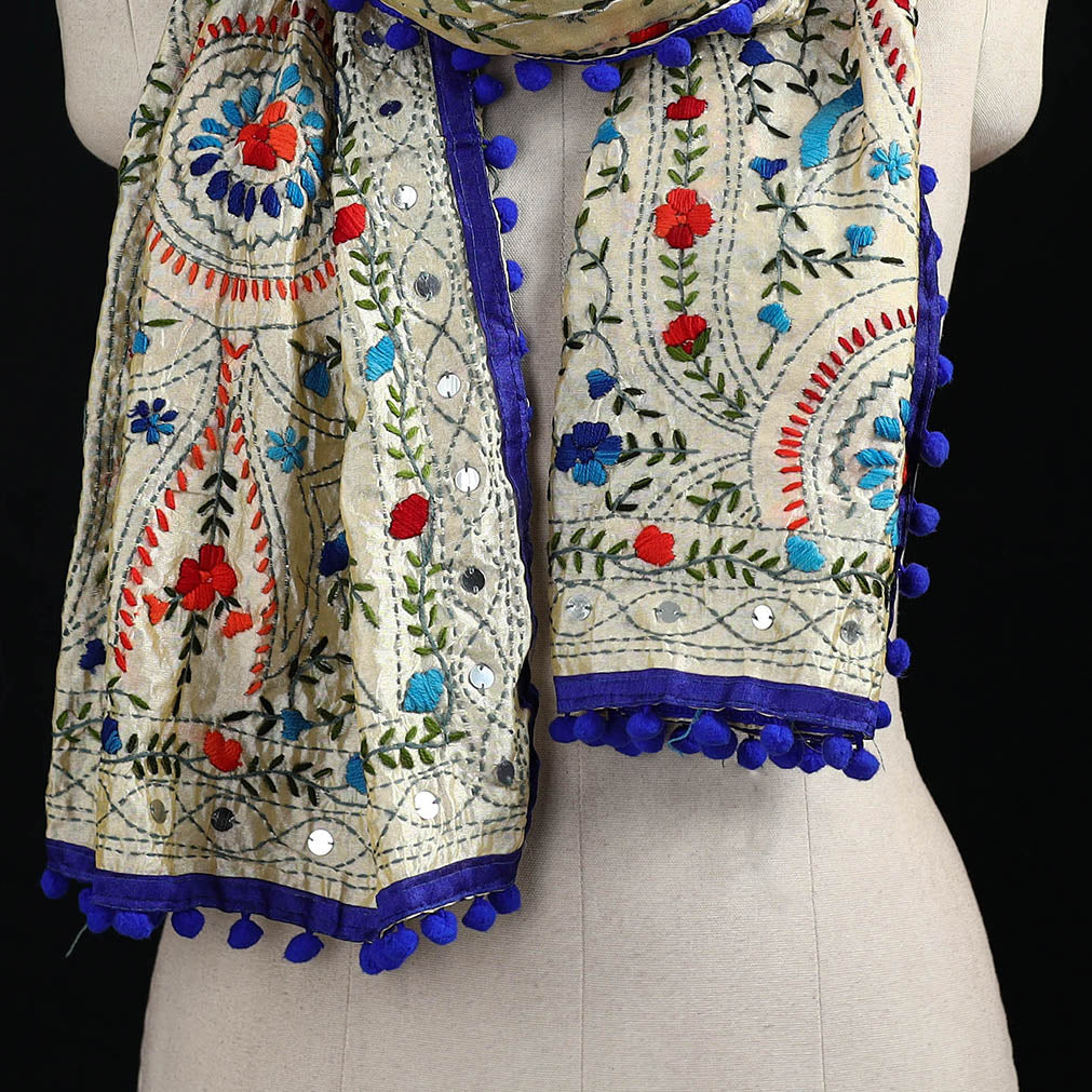 Ranihati Chanderi Silk Hand Embroidered Stole with Pom Pom 269