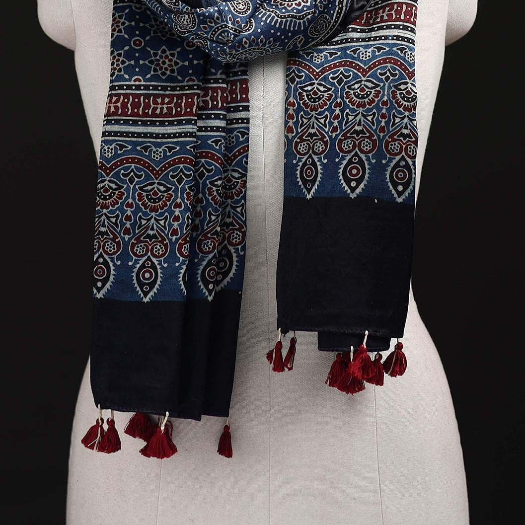 Ajrakh Hand Block Print Natural Dyed Mashru Silk Stole 31
