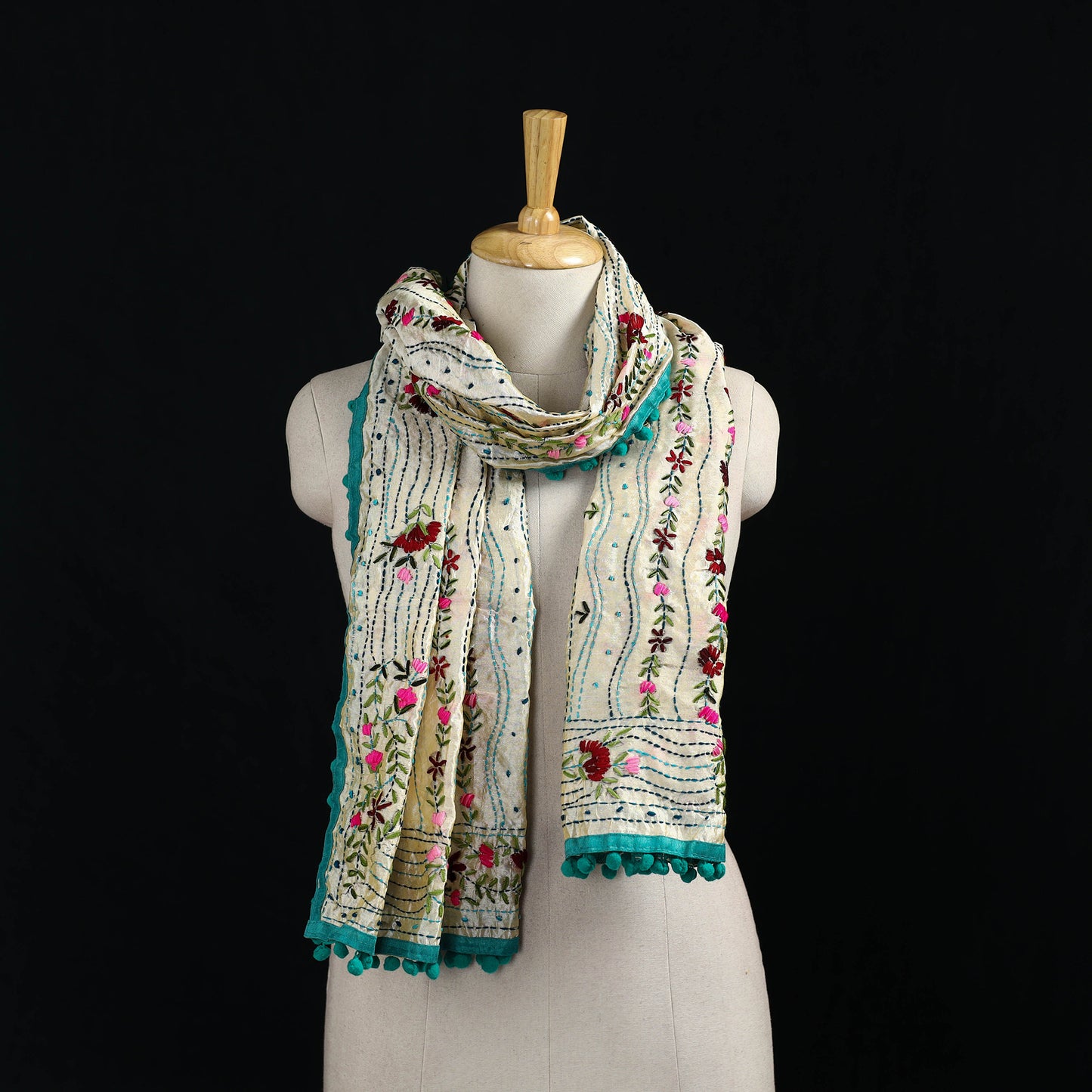 Ranihati Chanderi Silk Hand Embroidered Stole with Pom Pom 272