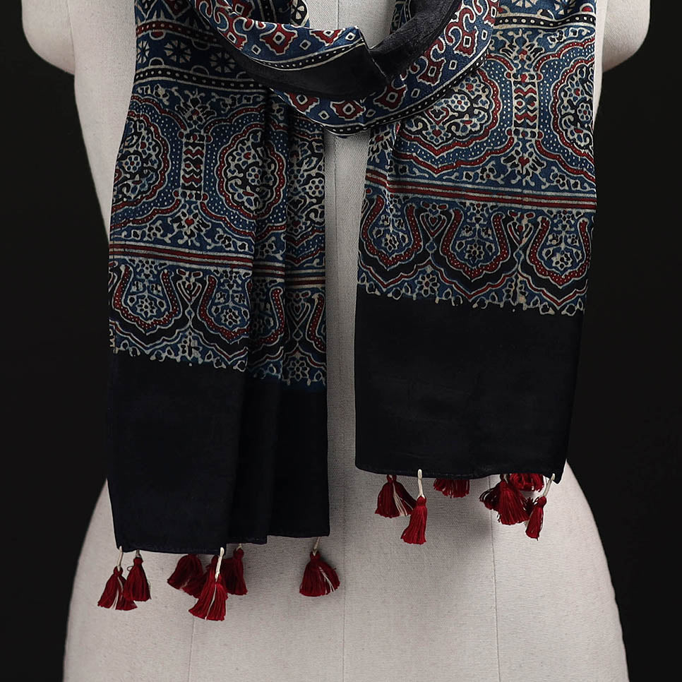 Ajrakh Hand Block Print Natural Dyed Mashru Silk Stole 35