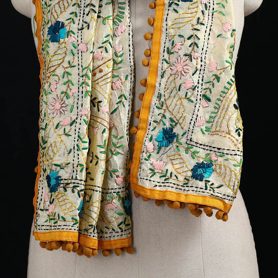 Beige - Ranihati Chanderi Silk Hand Embroidered Stole with Pom Pom 275