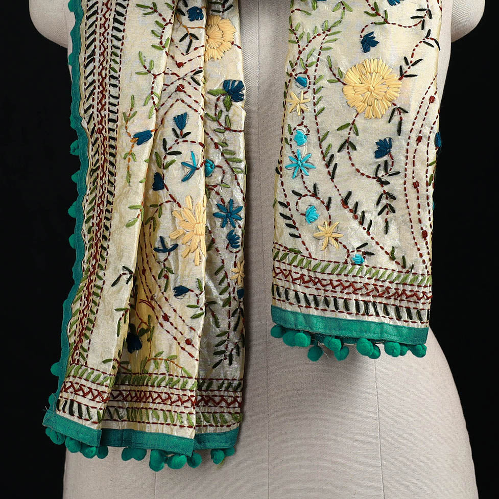 Ranihati Chanderi Silk Hand Embroidered Stole with Pom Pom 276