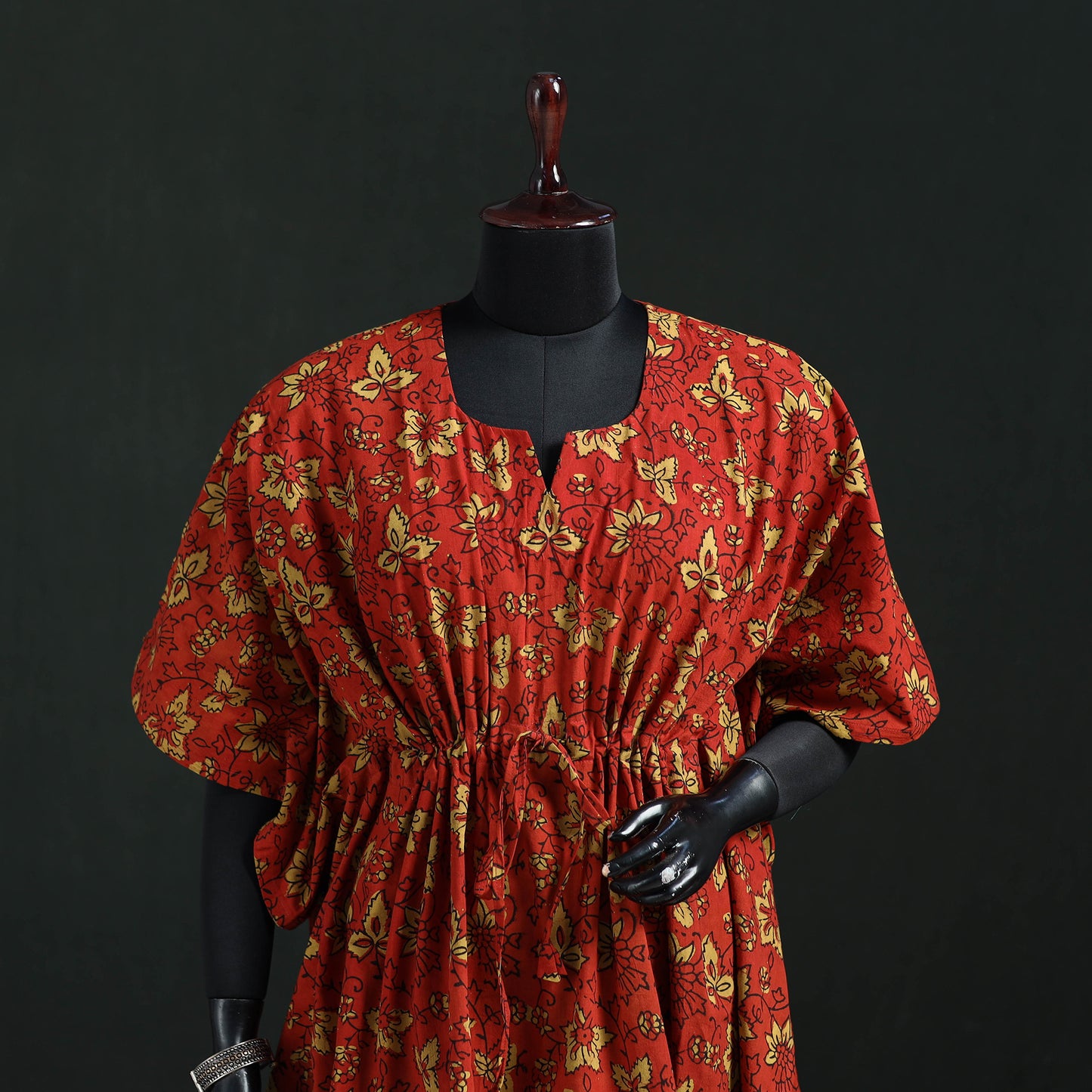 Red - Pipad Hand Block Print Natural Dyed Cotton Kaftan (Short) 40