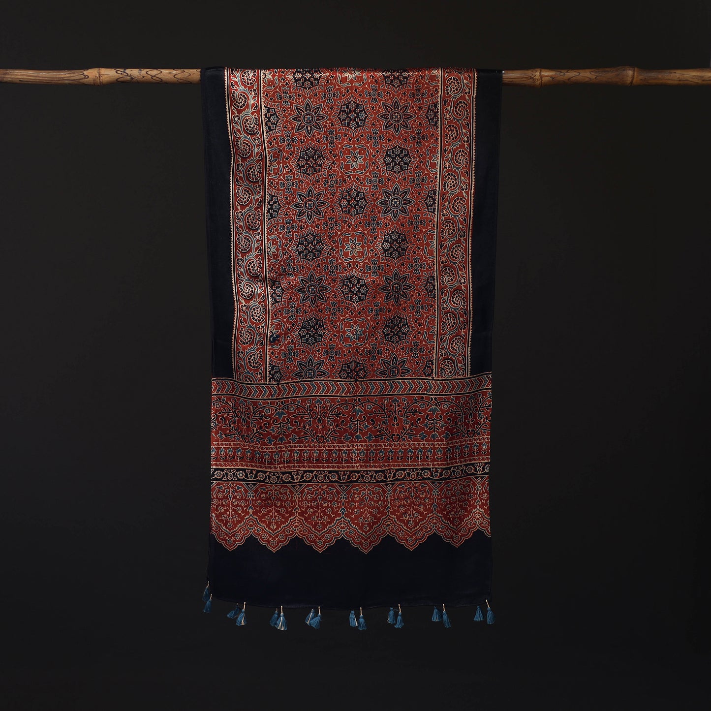 Ajrakh Hand Block Print Natural Dyed Mashru Silk Stole 01