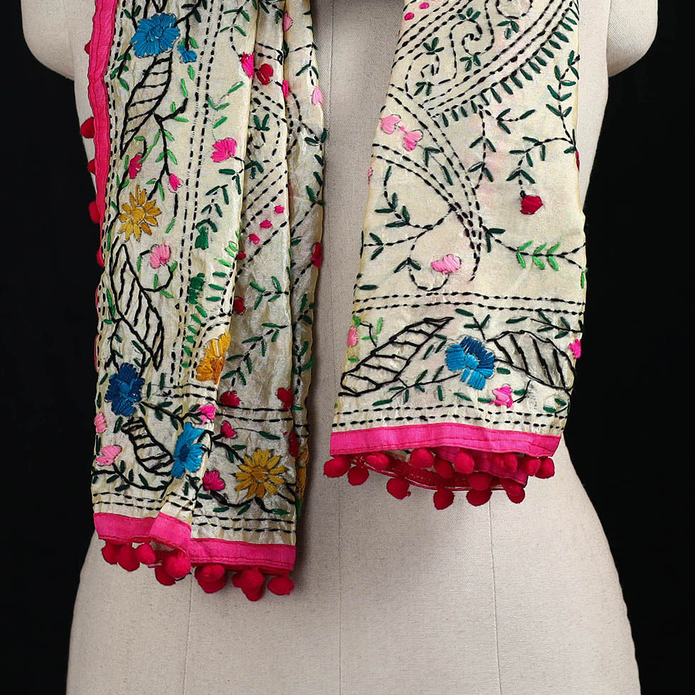 Ranihati Chanderi Silk Hand Embroidered Stole with Pom Pom 280