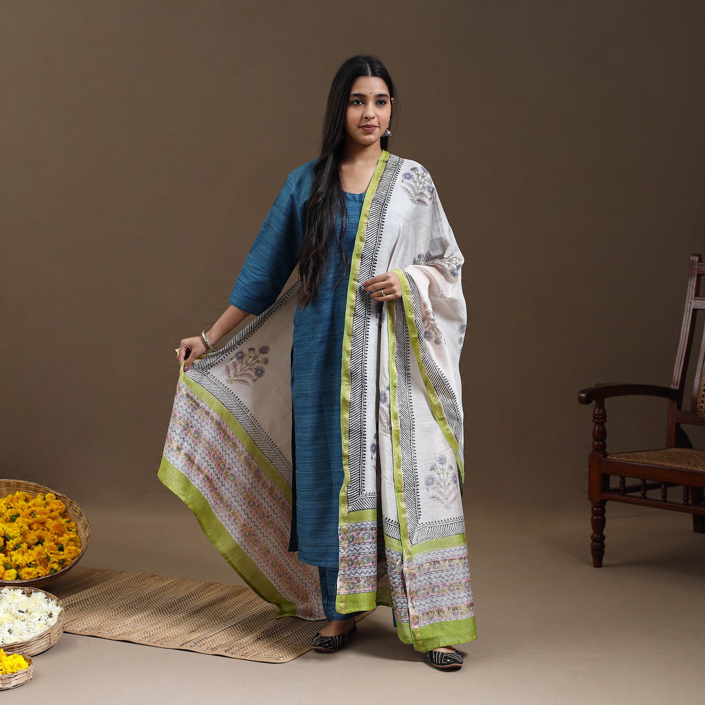 Buy Blue Bhagalpuri Handloom Desi Tussar Silk Kurta Set