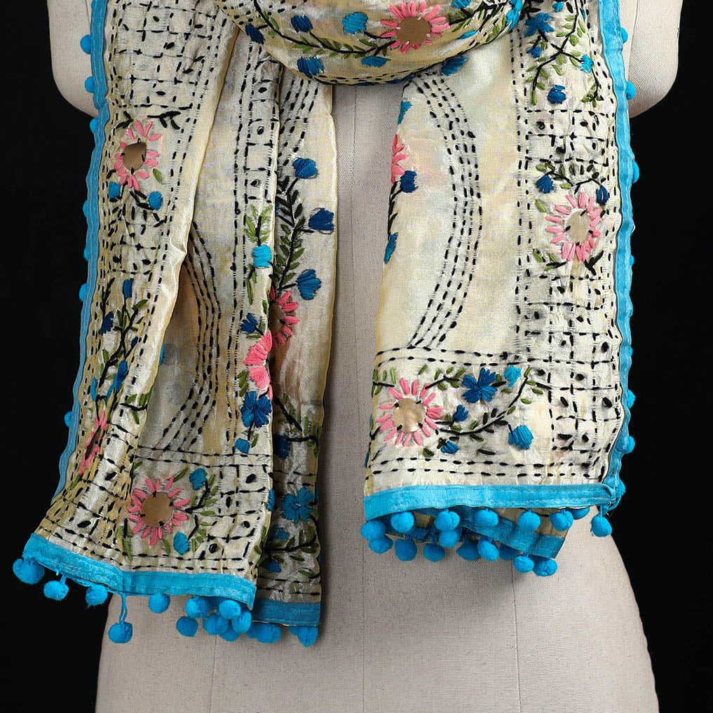 Ranihati Chanderi Silk Hand Embroidered Stole with Pom Pom 282