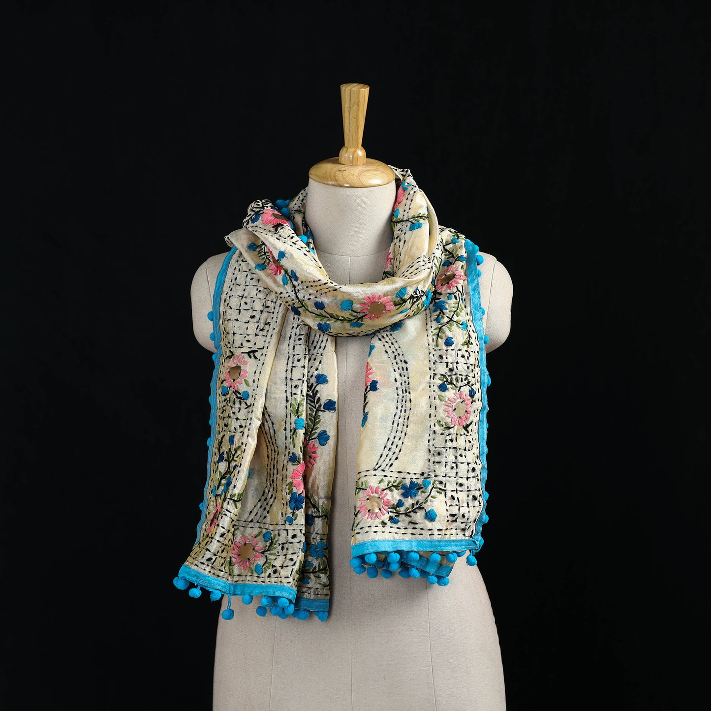 Ranihati Chanderi Silk Hand Embroidered Stole with Pom Pom 282