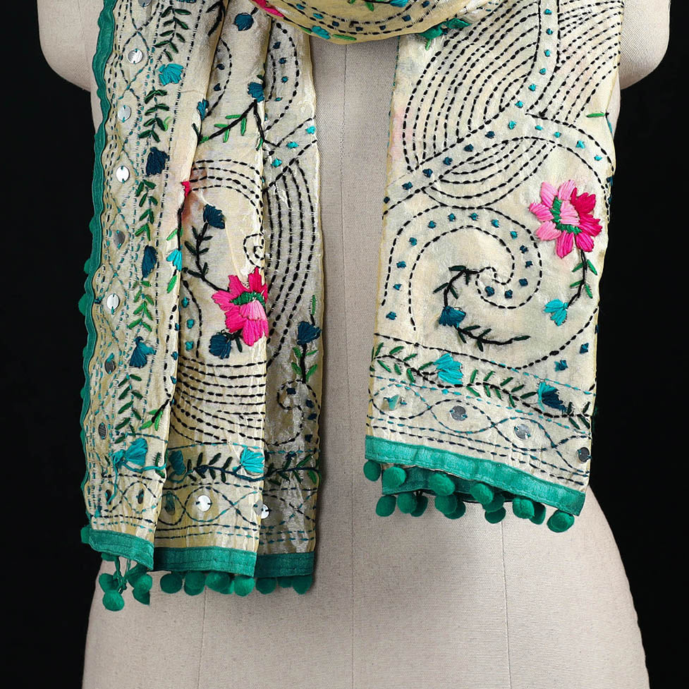 Ranihati Chanderi Silk Hand Embroidered Stole with Pom Pom 284