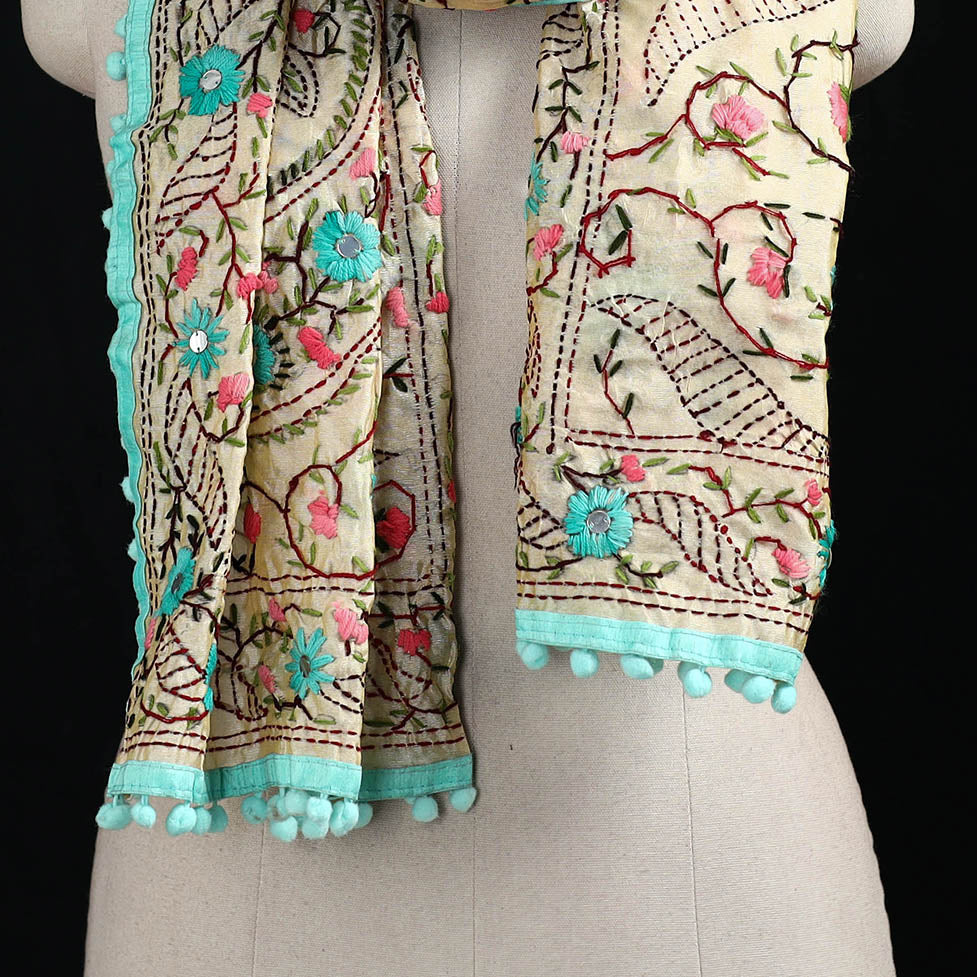 Ranihati Chanderi Silk Hand Embroidered Stole with Pom Pom 286