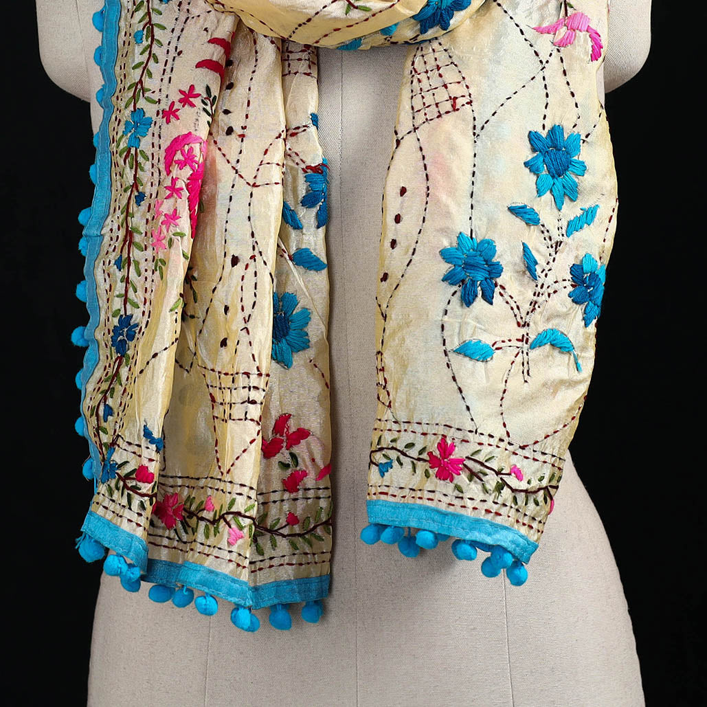 Ranihati Chanderi Silk Hand Embroidered Stole with Pom Pom 287