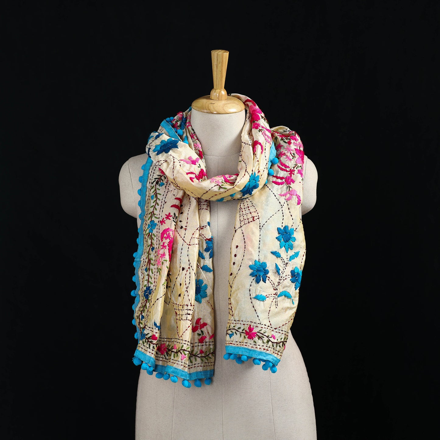 Ranihati Chanderi Silk Hand Embroidered Stole with Pom Pom 287