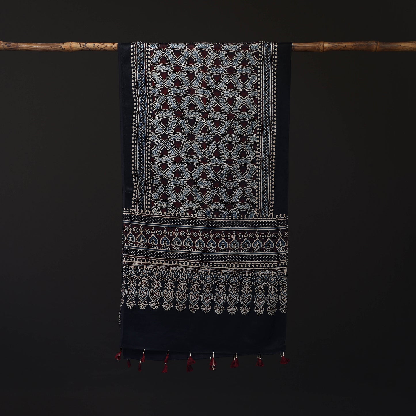 Ajrakh Hand Block Print Natural Dyed Mashru Silk Stole 14