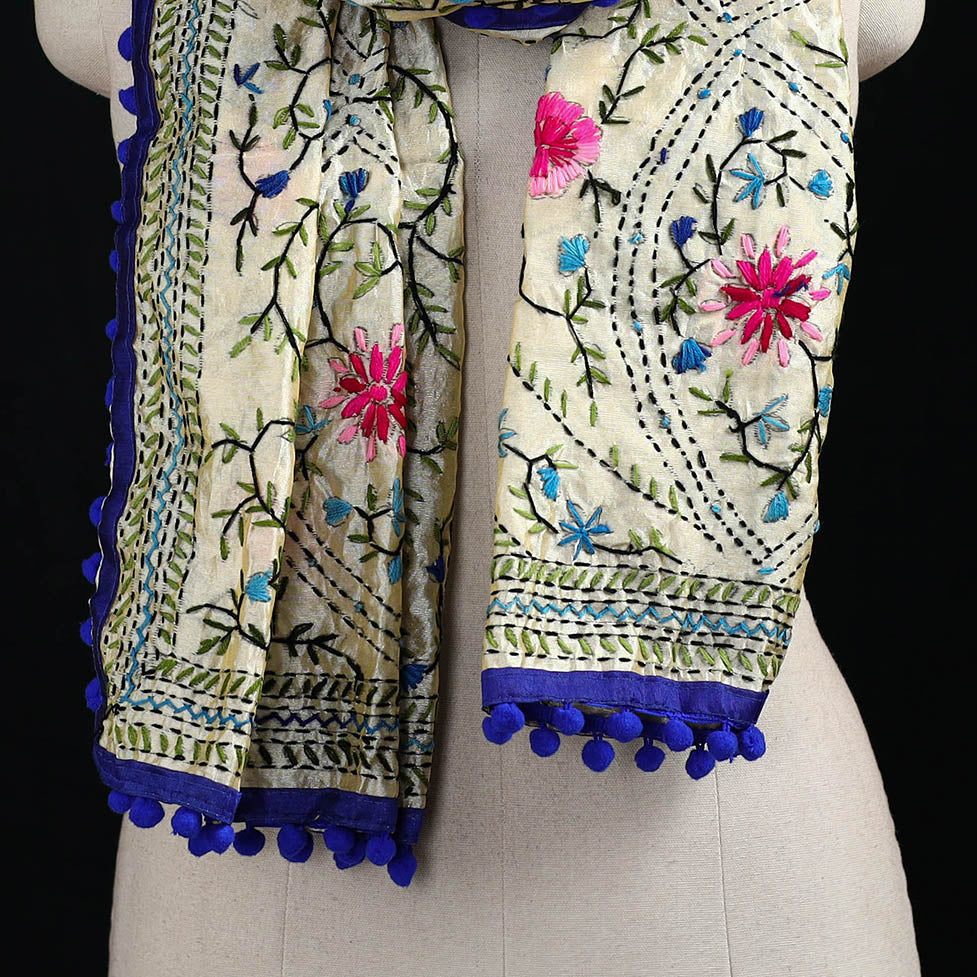 Ranihati Chanderi Silk Hand Embroidered Stole with Pom Pom 288