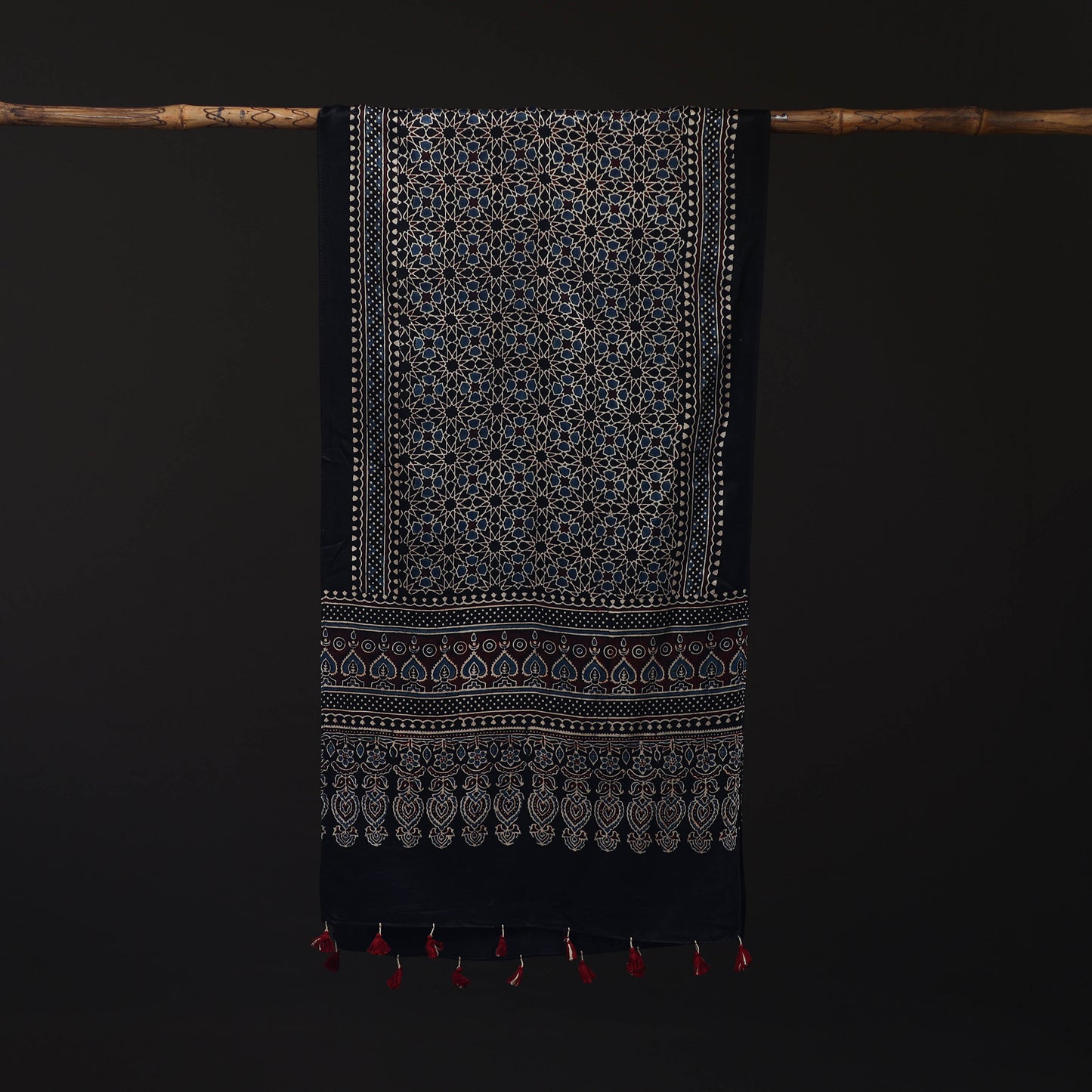 Ajrakh Hand Block Print Natural Dyed Mashru Silk Stole 17