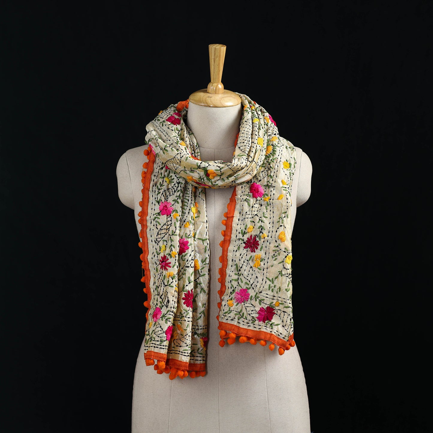 Ranihati Chanderi Silk Hand Embroidered Stole with Pom Pom 292