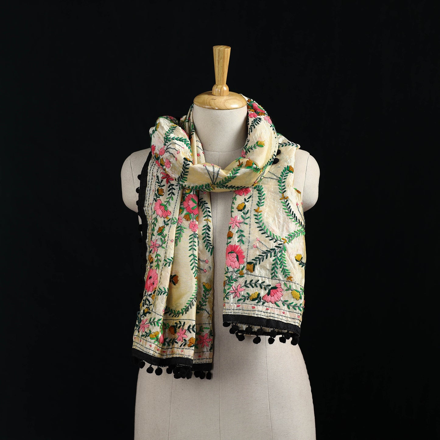 Ranihati Chanderi Silk Hand Embroidered Stole with Pom Pom 294
