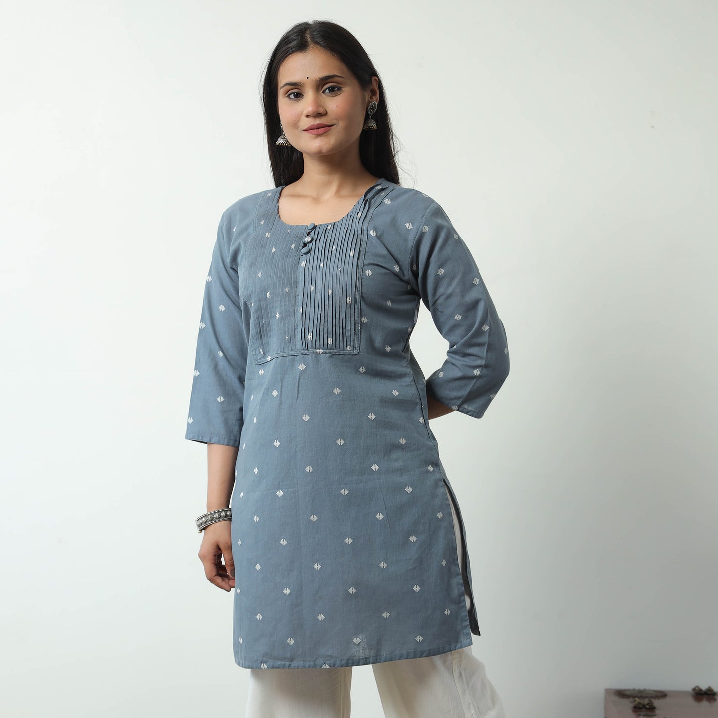 Grey - Jacquard Cotton Pintuck Short Kurta 35