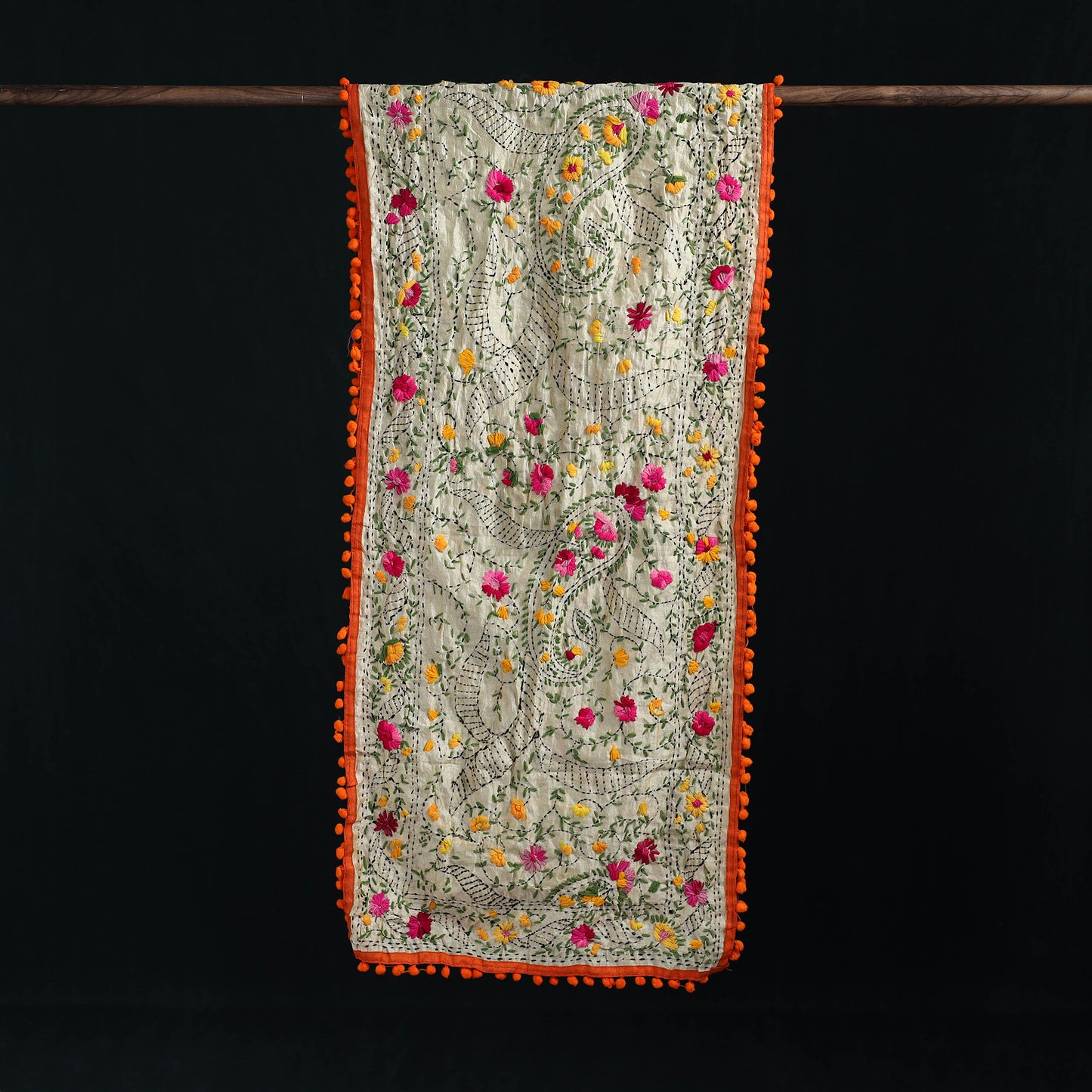 Ranihati Chanderi Silk Hand Embroidered Stole with Pom Pom 292