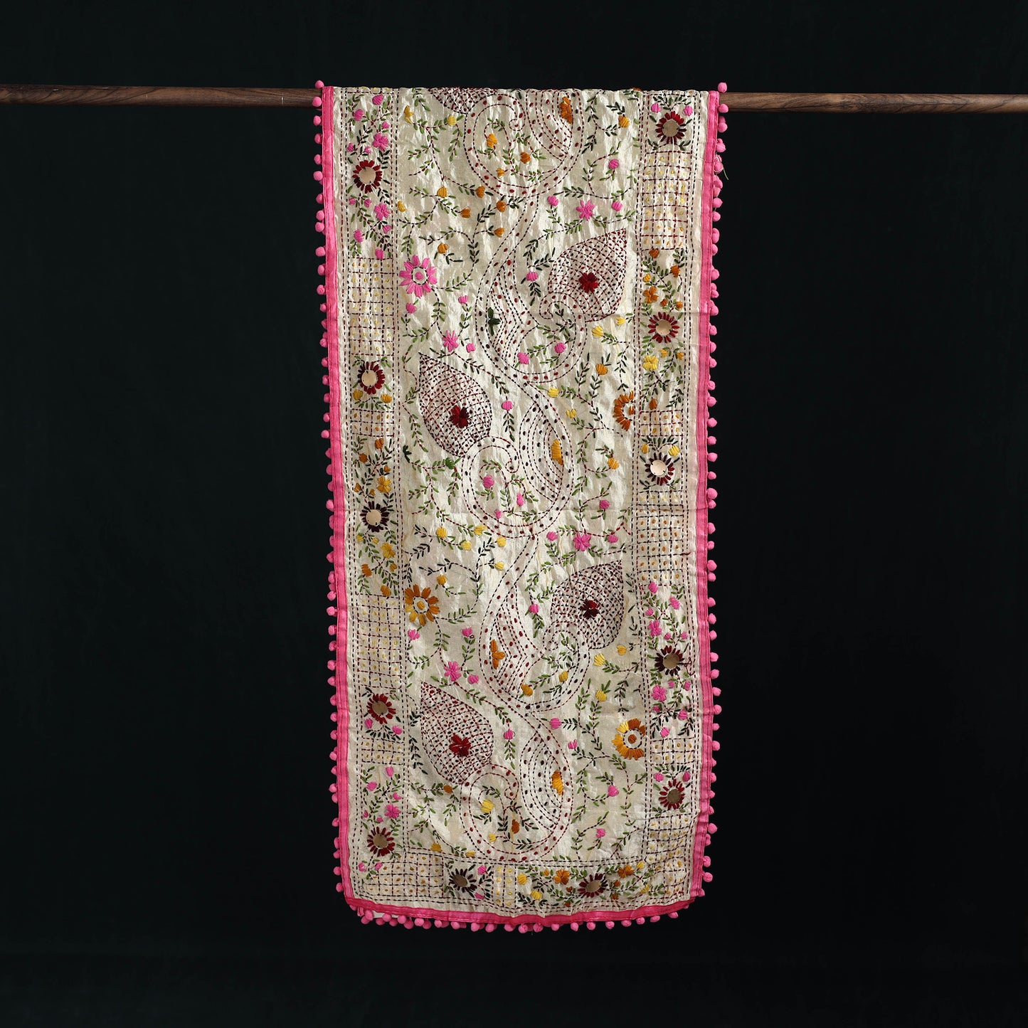 Ranihati Chanderi Silk Hand Embroidered Stole with Pom Pom 291