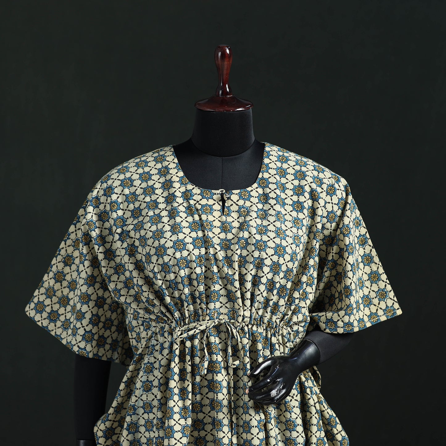 Green - Ajrakh Hand Block Print Natural Dyed Cotton Kaftan (Short) 47