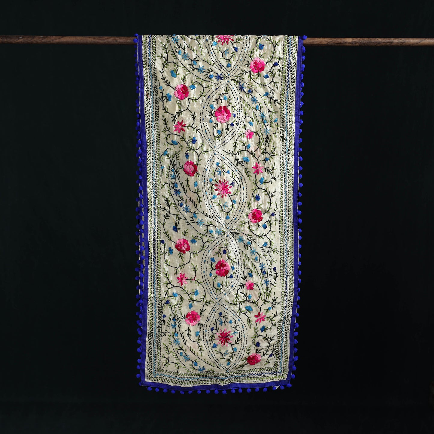Ranihati Chanderi Silk Hand Embroidered Stole with Pom Pom 288
