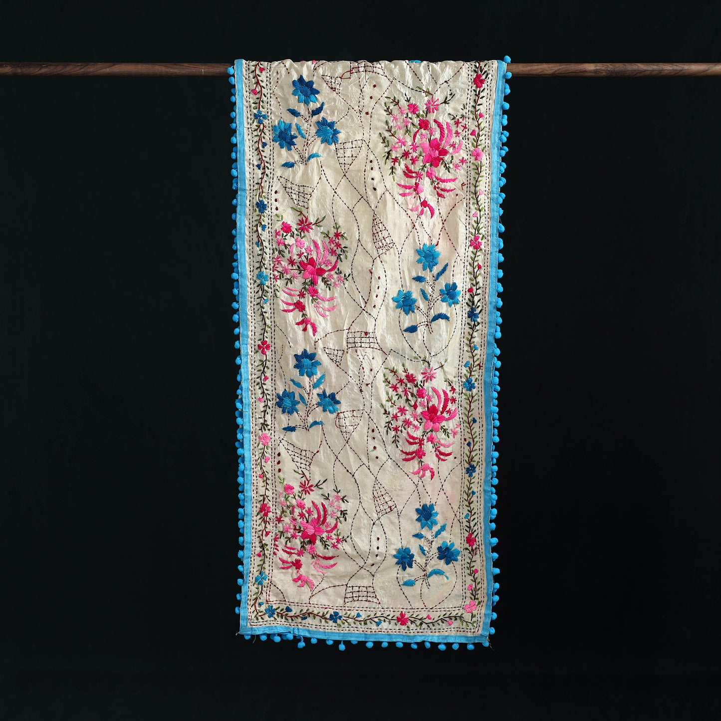 Ranihati Chanderi Silk Hand Embroidered Stole with Pom Pom 287