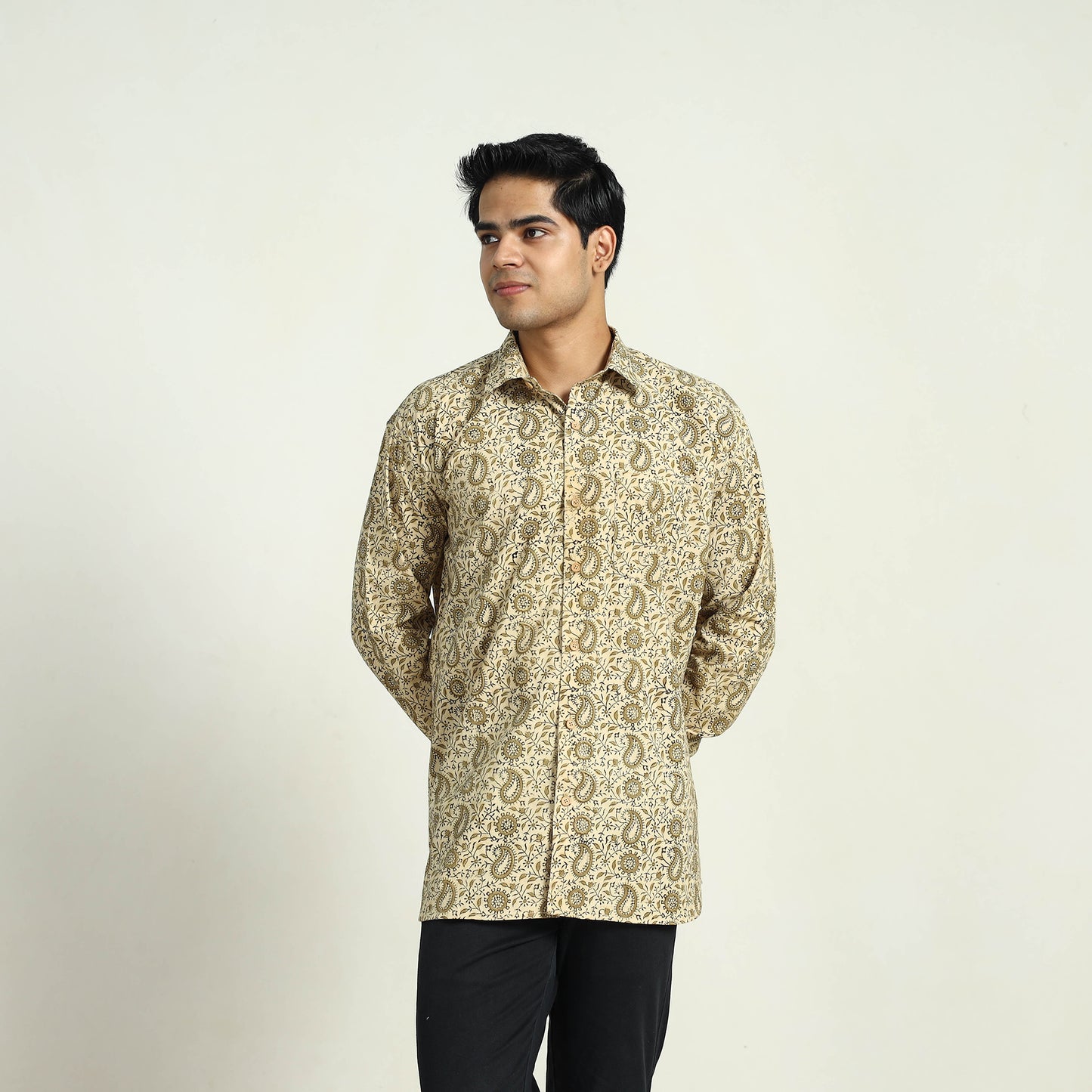 Beige - Pedana Block Print Cotton Men Kalamkari Shirt 05
