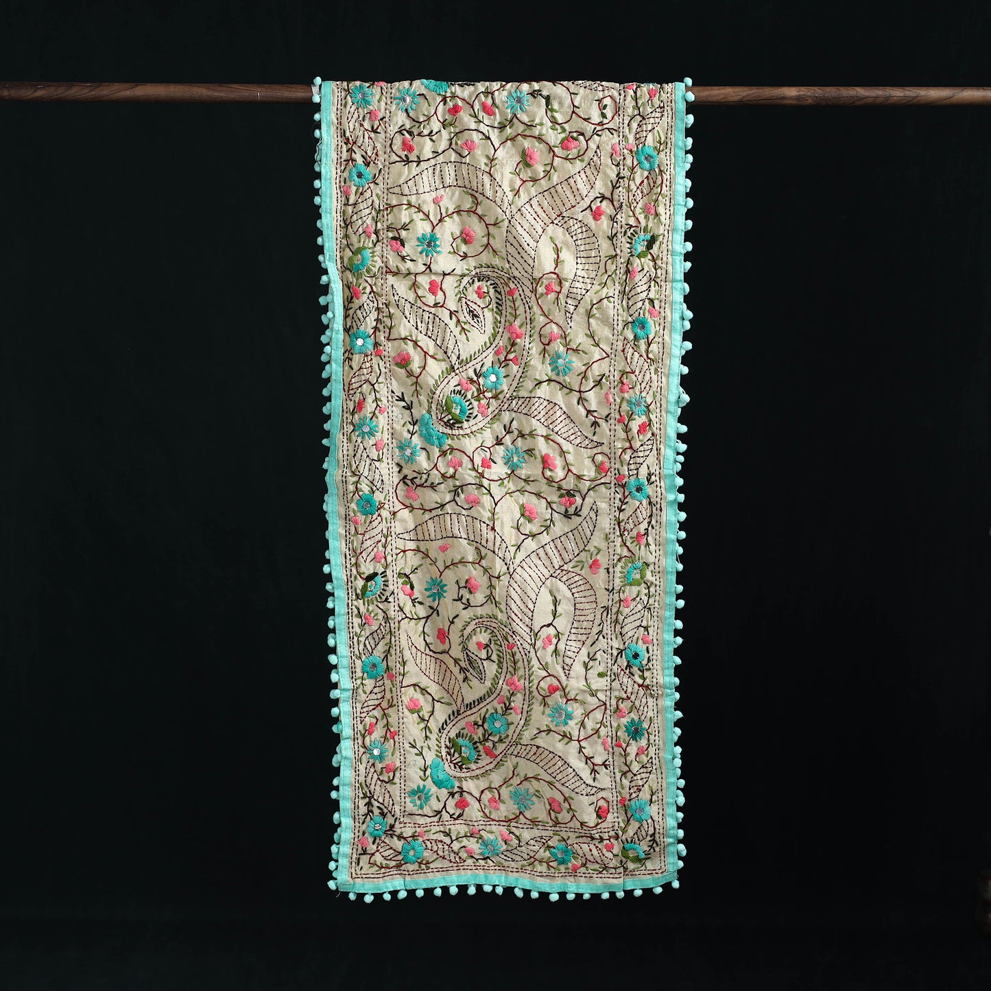 Ranihati Chanderi Silk Hand Embroidered Stole with Pom Pom 286