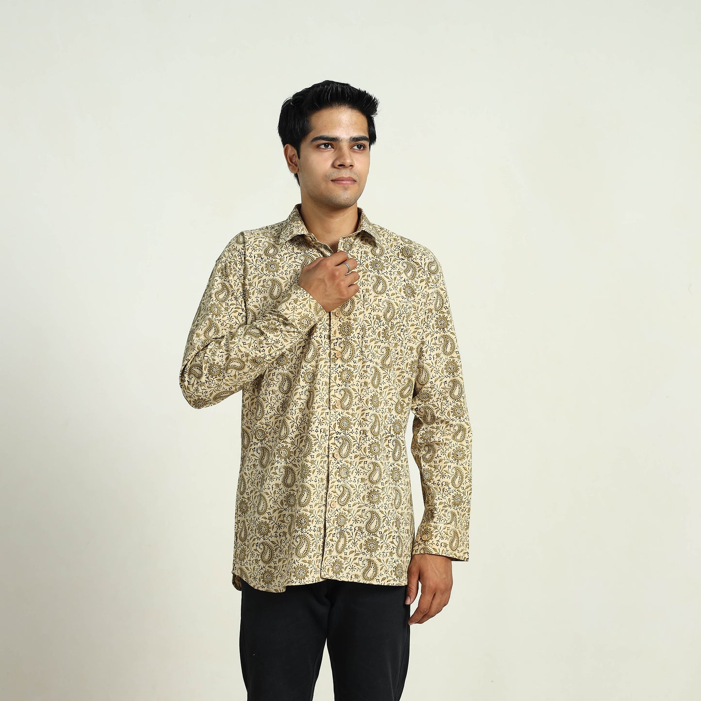Beige - Pedana Block Print Cotton Men Kalamkari Shirt 05