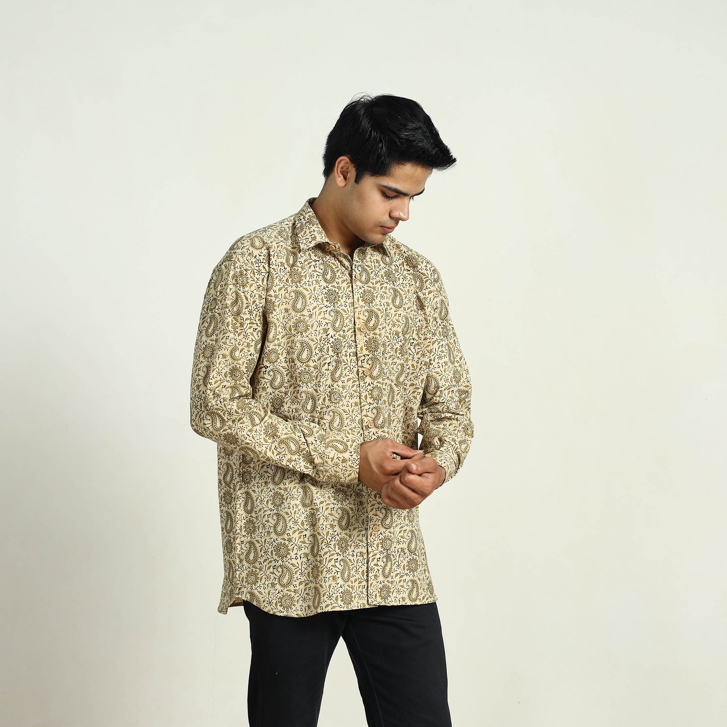 Beige - Pedana Block Print Cotton Men Kalamkari Shirt 05