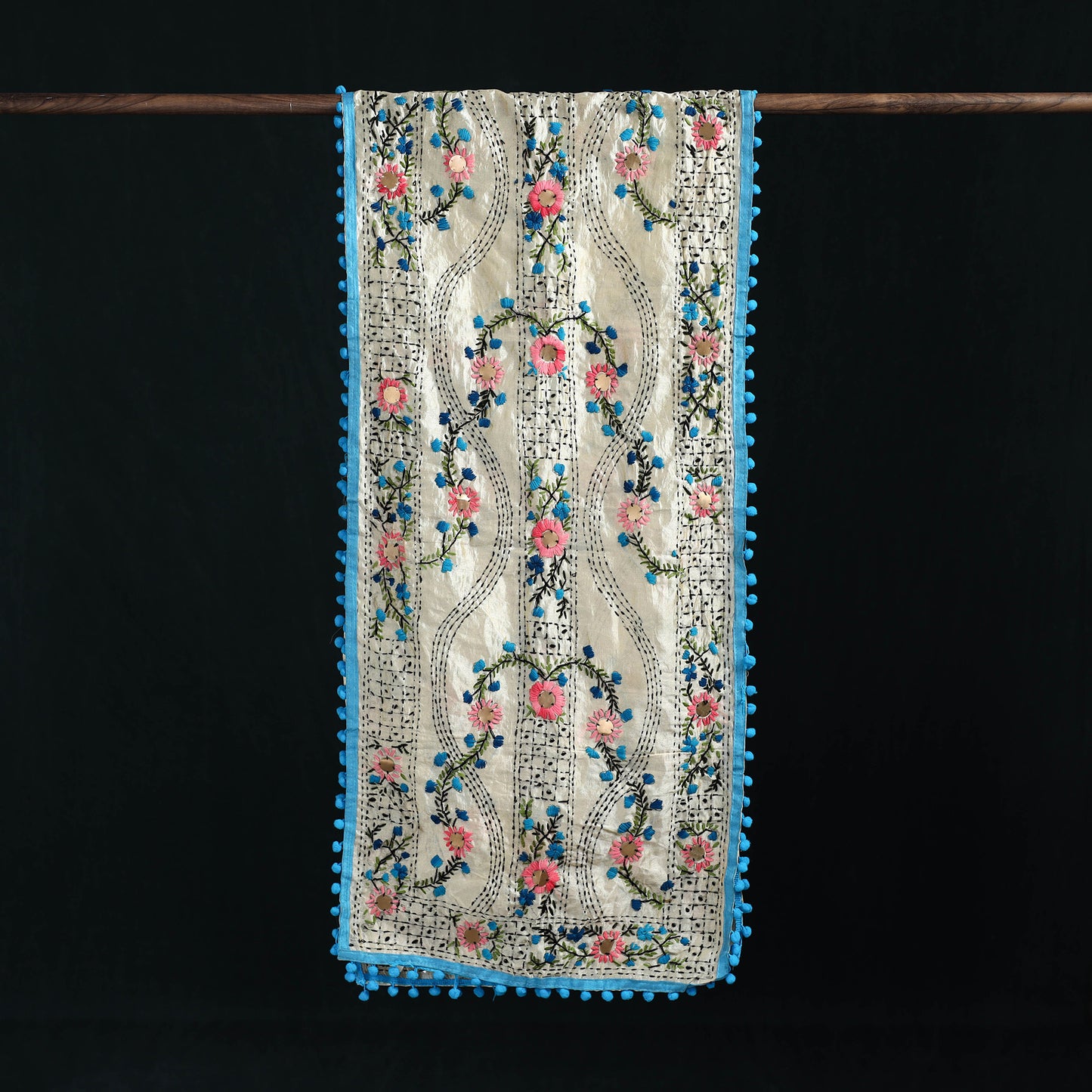 Ranihati Chanderi Silk Hand Embroidered Stole with Pom Pom 282