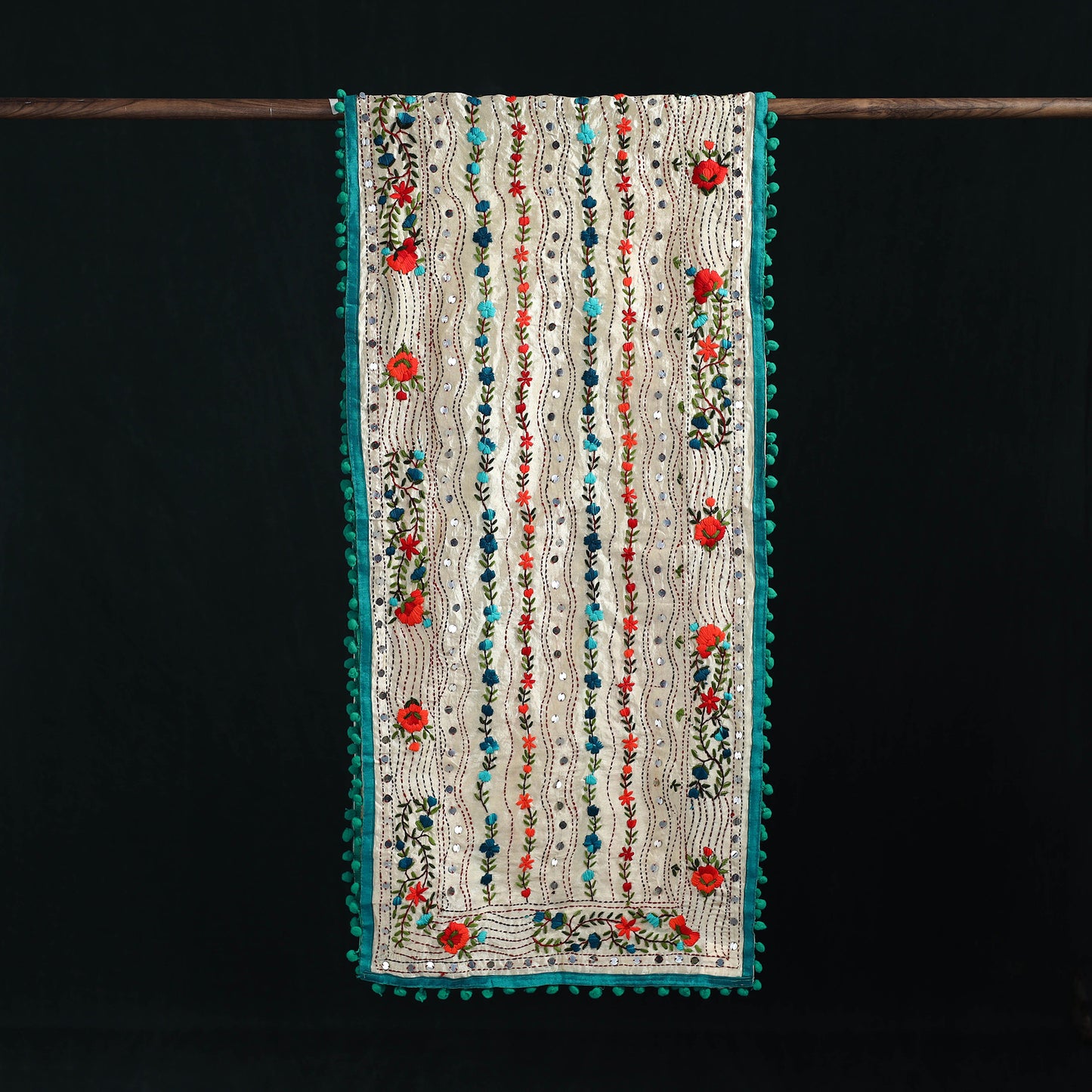 Ranihati Chanderi Silk Hand Embroidered Stole with Pom Pom 281