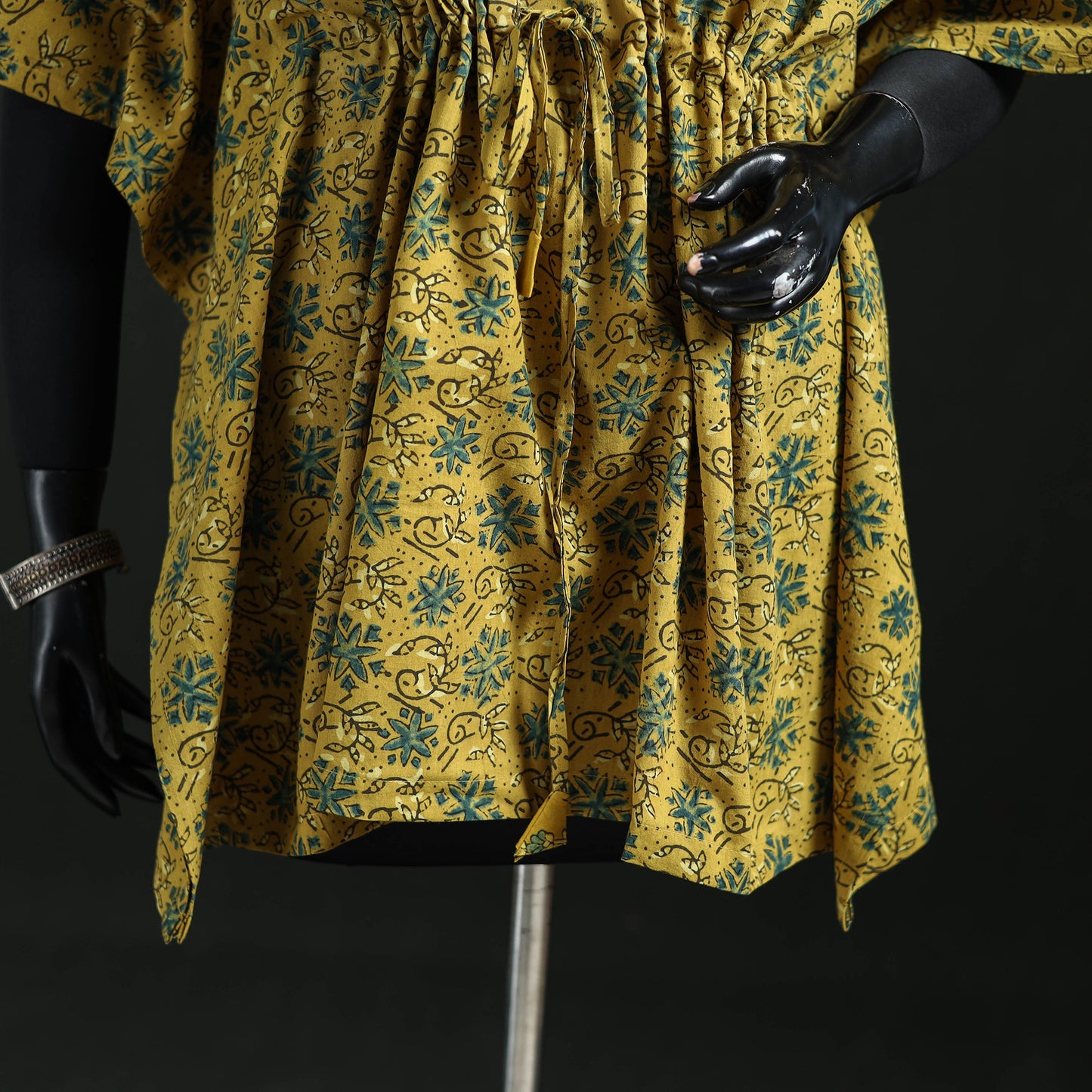 Yellow - Ajrakh Hand Block Print Natural Dyed Cotton Kaftan (Short) 48