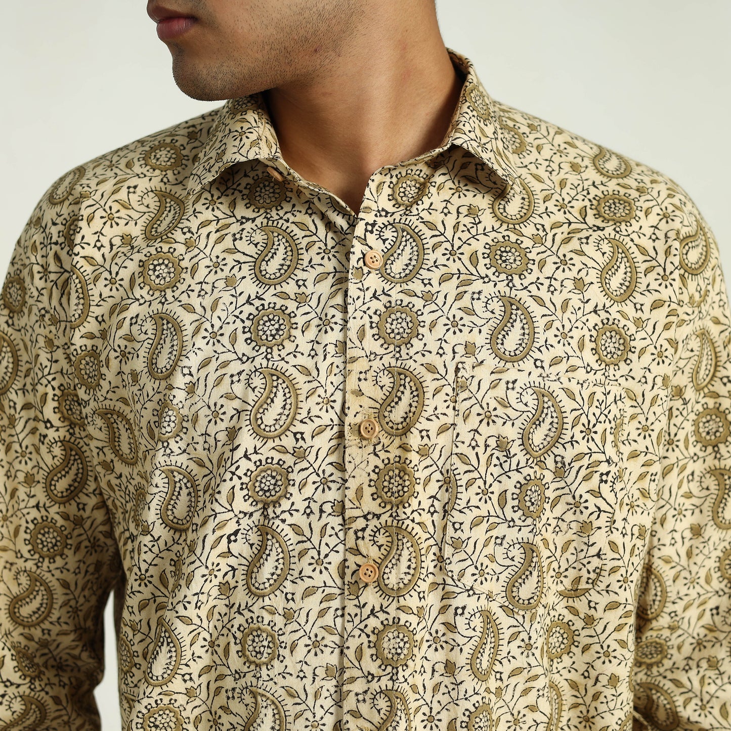 Beige - Pedana Block Print Cotton Men Kalamkari Shirt 05