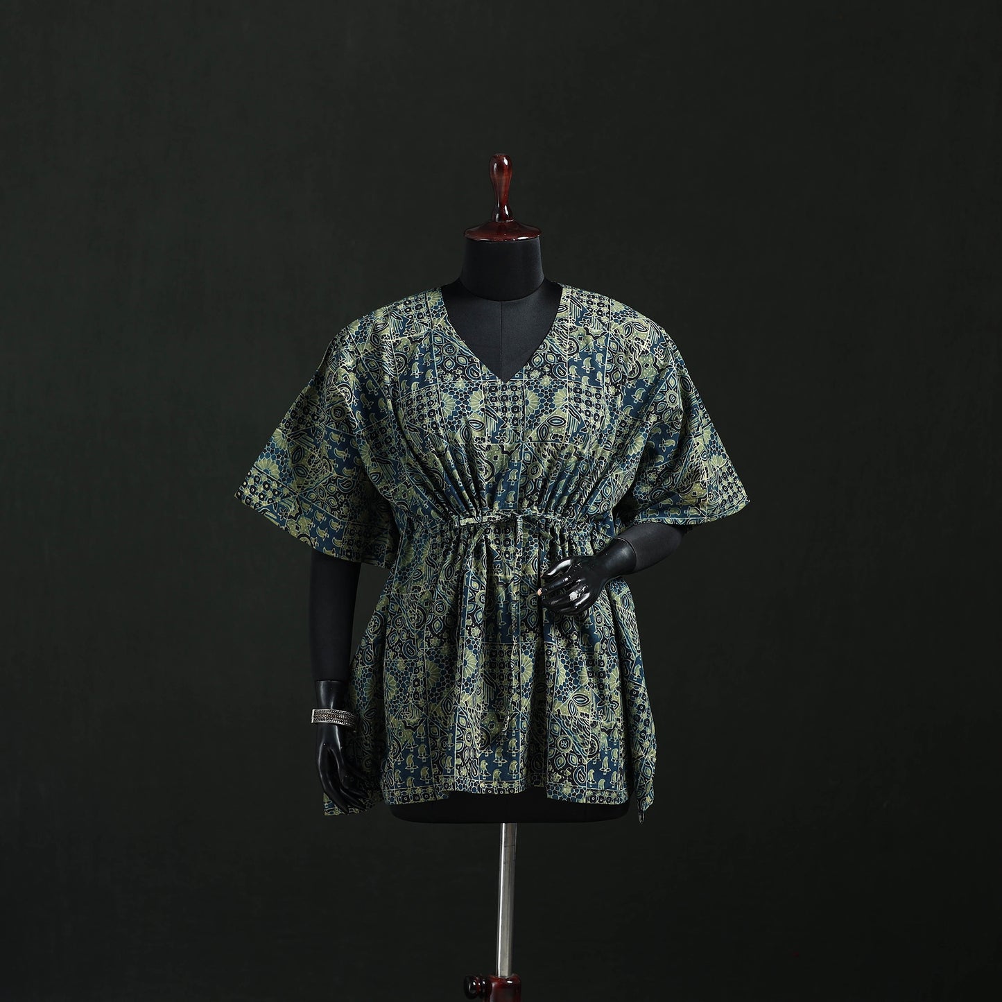 Green - Ajrakh Hand Block Print Natural Dyed Cotton Kaftan (Short) 49