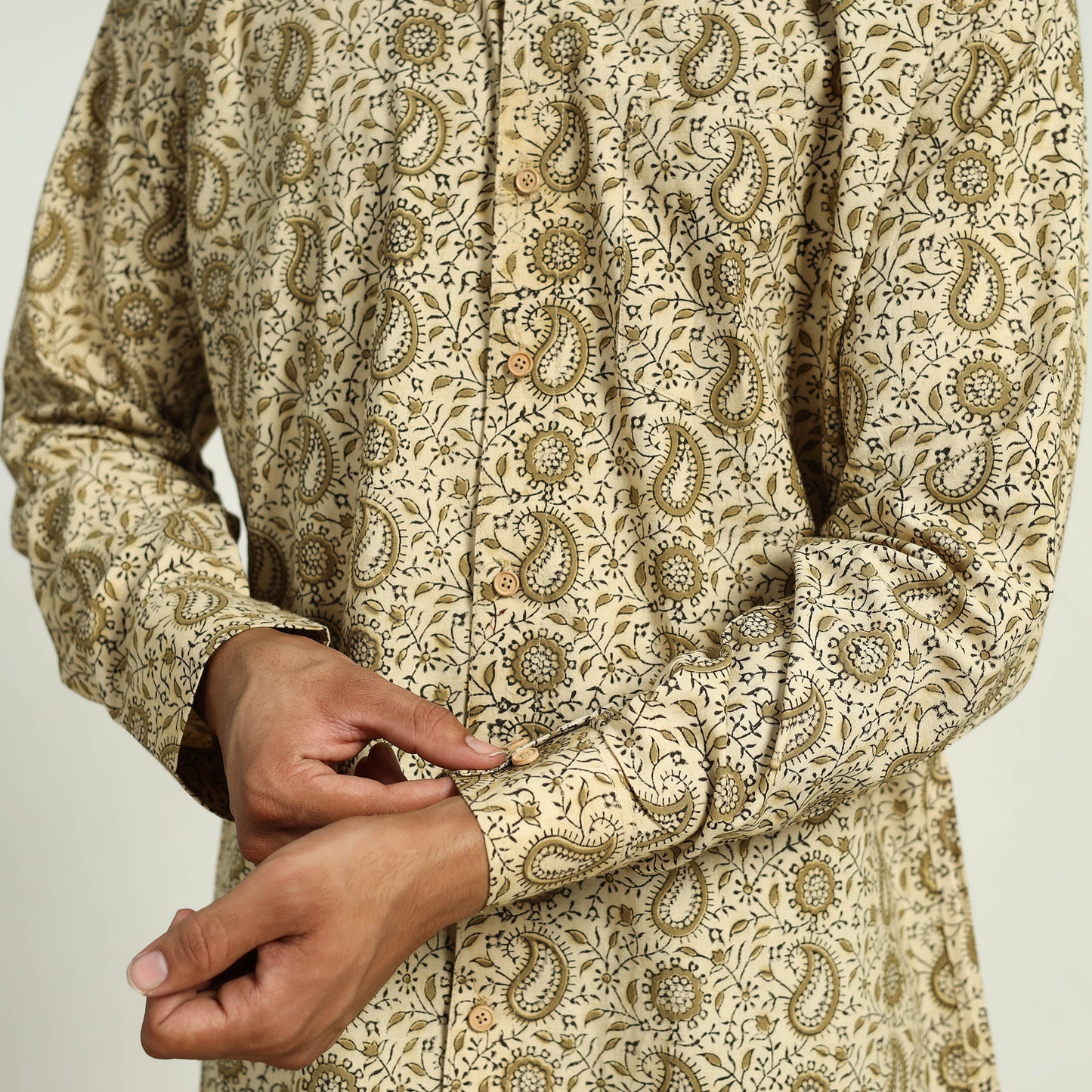 Beige - Pedana Block Print Cotton Men Kalamkari Shirt 05