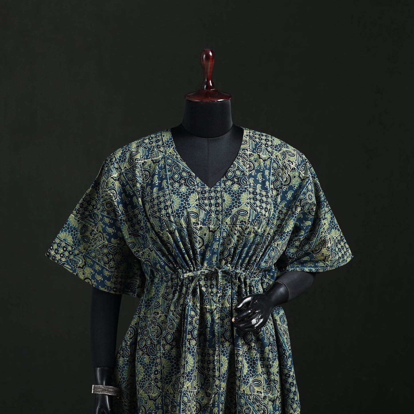 Green - Ajrakh Hand Block Print Natural Dyed Cotton Kaftan (Short) 49