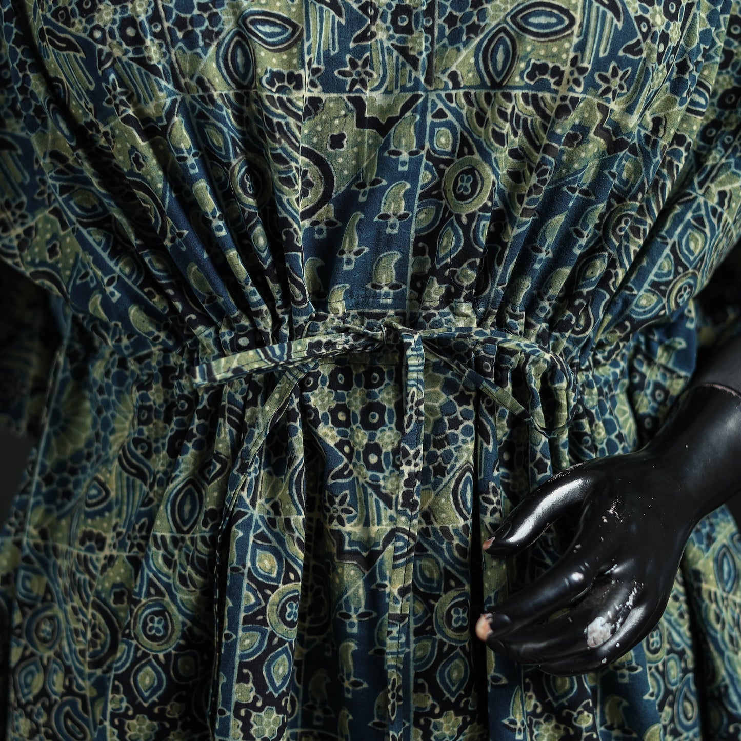Green - Ajrakh Hand Block Print Natural Dyed Cotton Kaftan (Short) 49