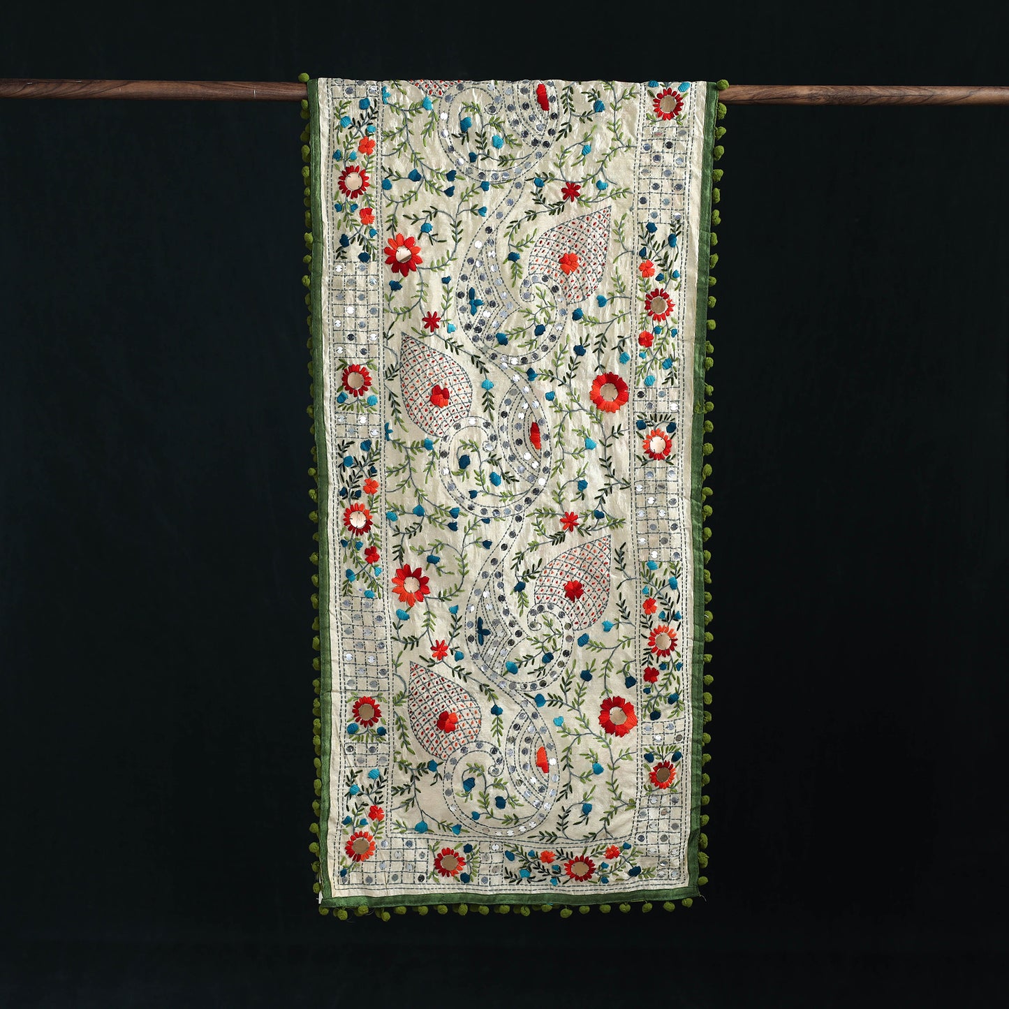 Ranihati Chanderi Silk Hand Embroidered Stole with Pom Pom 277