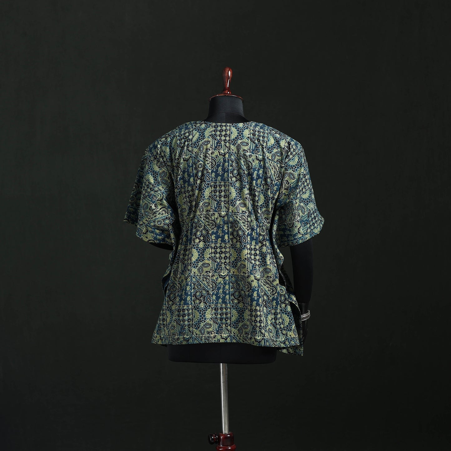 Green - Ajrakh Hand Block Print Natural Dyed Cotton Kaftan (Short) 49