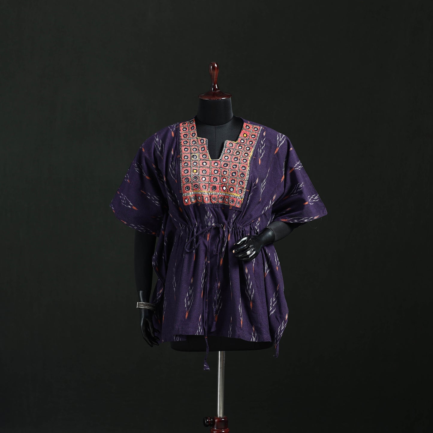 Purple - Pochampally Ikat Cotton Kaftan with Desert Thread Embroidery (Short) 50