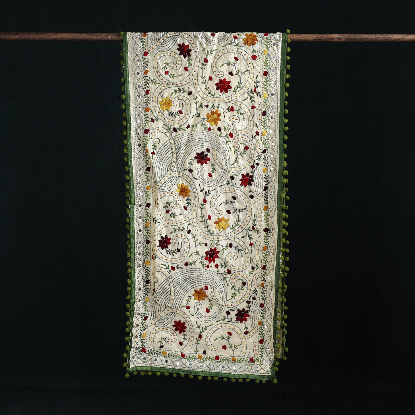 Ranihati Chanderi Silk Hand Embroidered Stole with Pom Pom 274