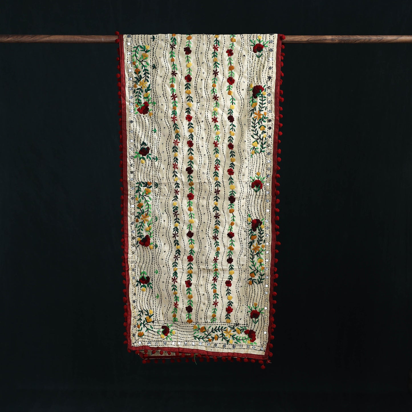 Ranihati Chanderi Silk Hand Embroidered Stole with Pom Pom 267