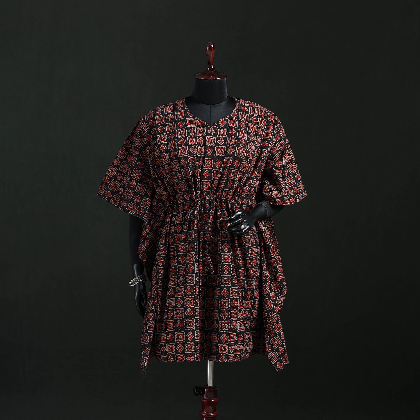 Red - Ajrakh Hand Block Print Natural Dyed Cotton Kaftan (Medium) 51