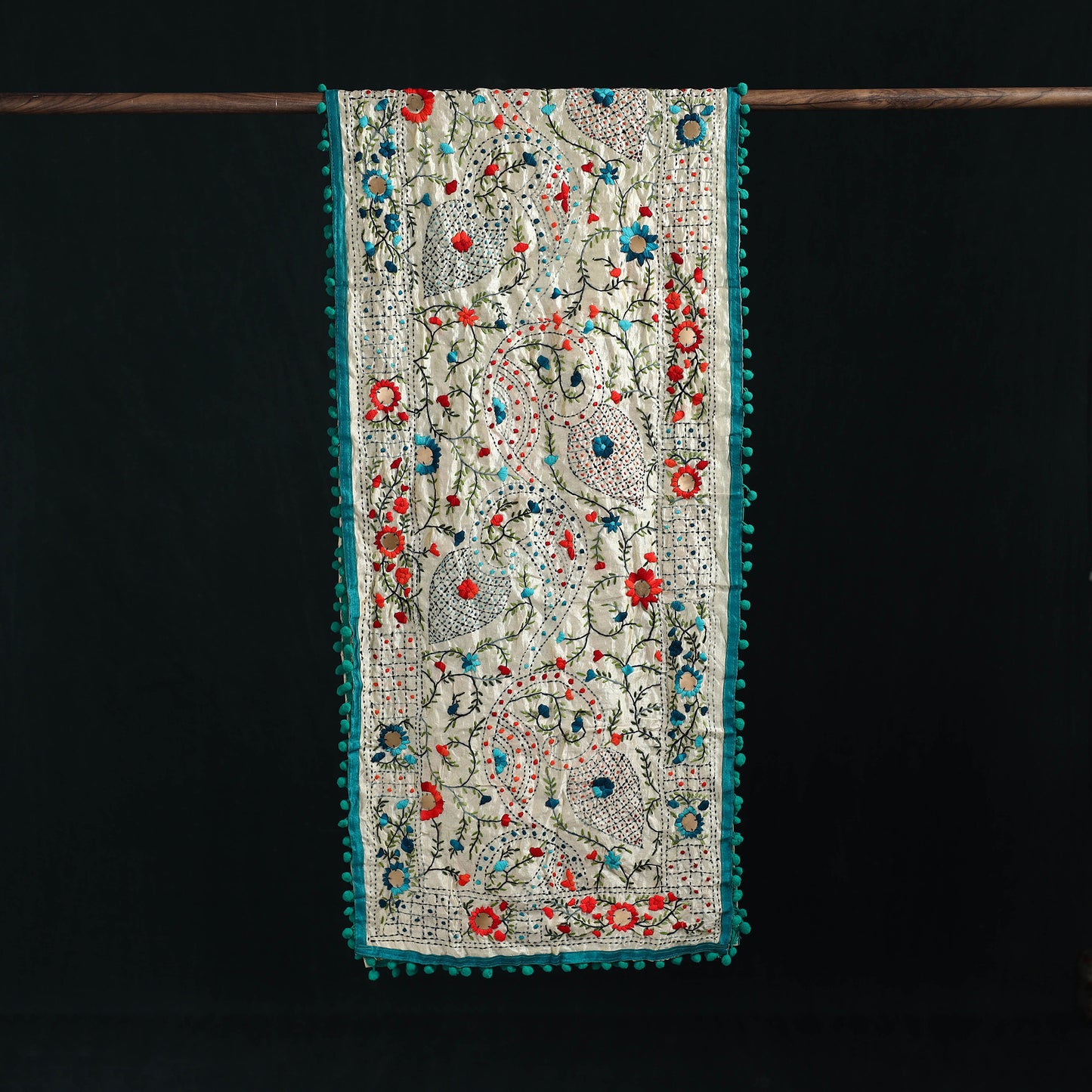 Ranihati Chanderi Silk Hand Embroidered Stole with Pom Pom 265