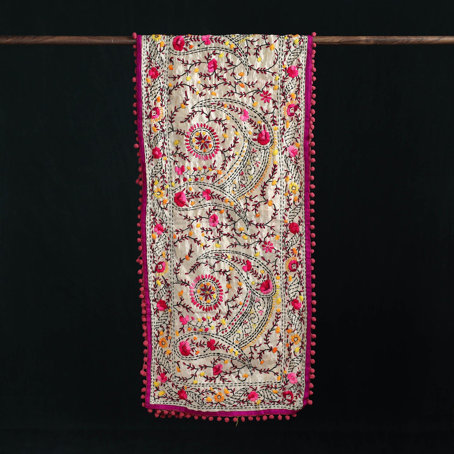 Ranihati Chanderi Silk Hand Embroidered Stole with Pom Pom 263
